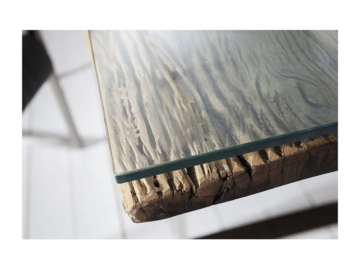 Table de salle à manger RAFTA 180 cm – Plateau en bois recyclé et verre trempé, structure en métal