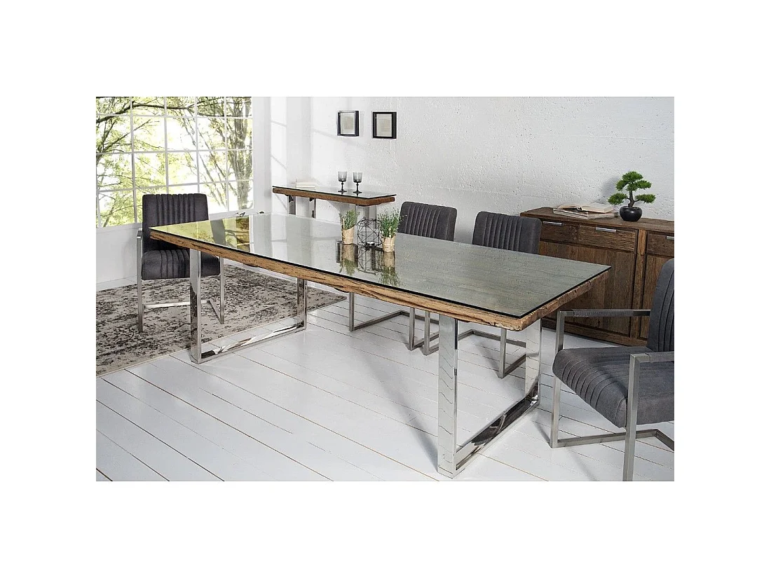 Eettafel RAFTA 180 cm - Blad van gerecycled hout en gehard glas, metalen structuur