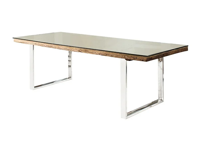 Table de salle à manger RAFTA 180 cm – Plateau en bois recyclé et verre trempé, structure en métal