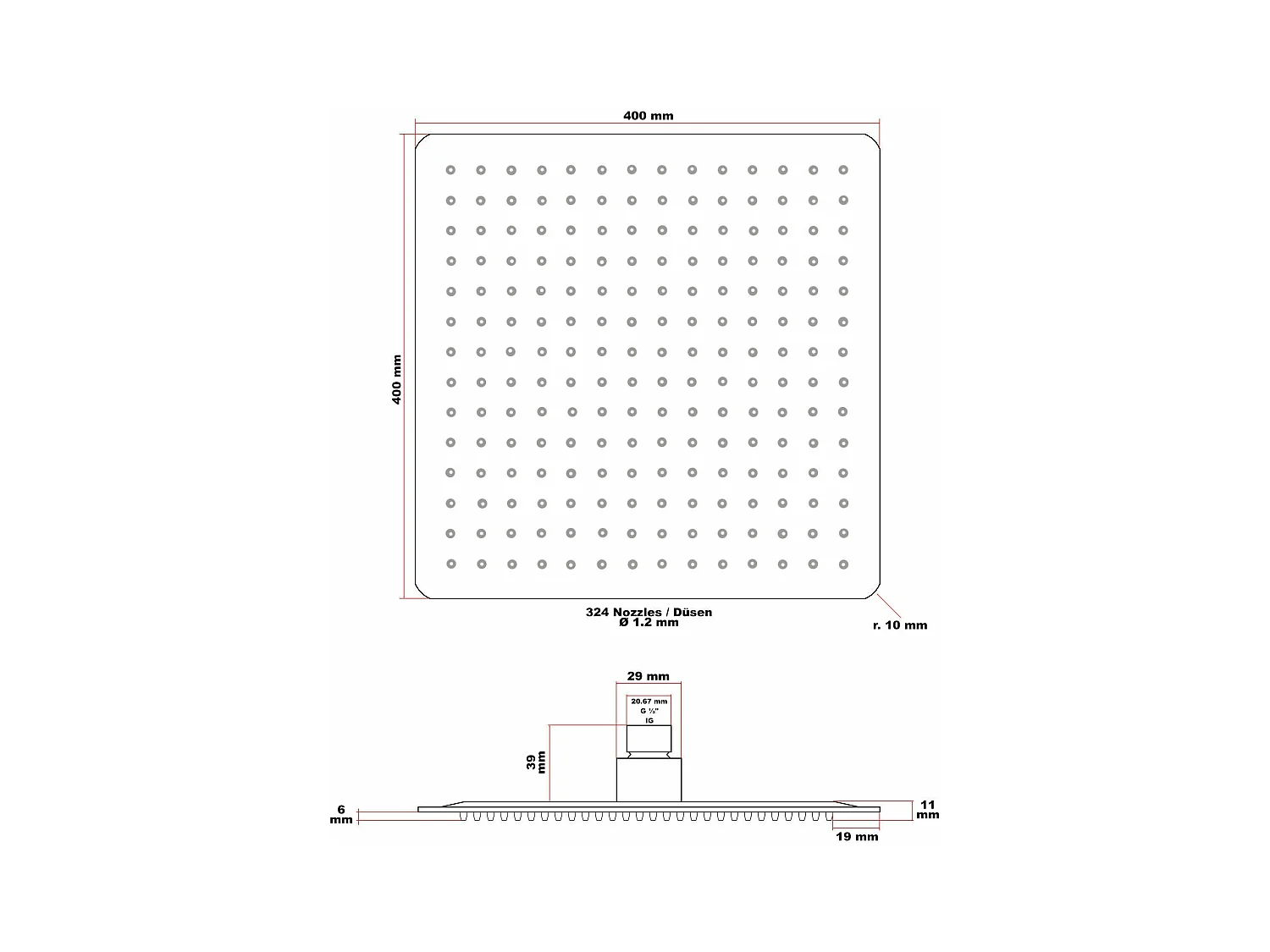 Rociador de ducha cuadrado Rociador de ducha con chorro de lluvia 40 x 40 cm acero inoxidable 16_0000627