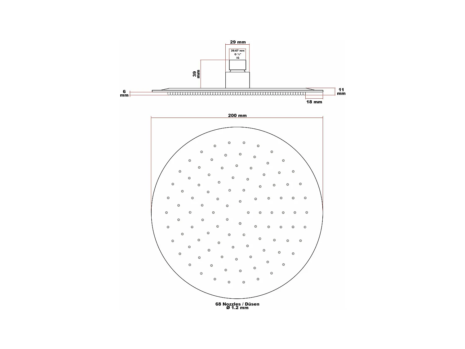 Rociador de ducha redondo rociador de ducha con chorro de lluvia 20 cm acero inoxidable 16_0000628