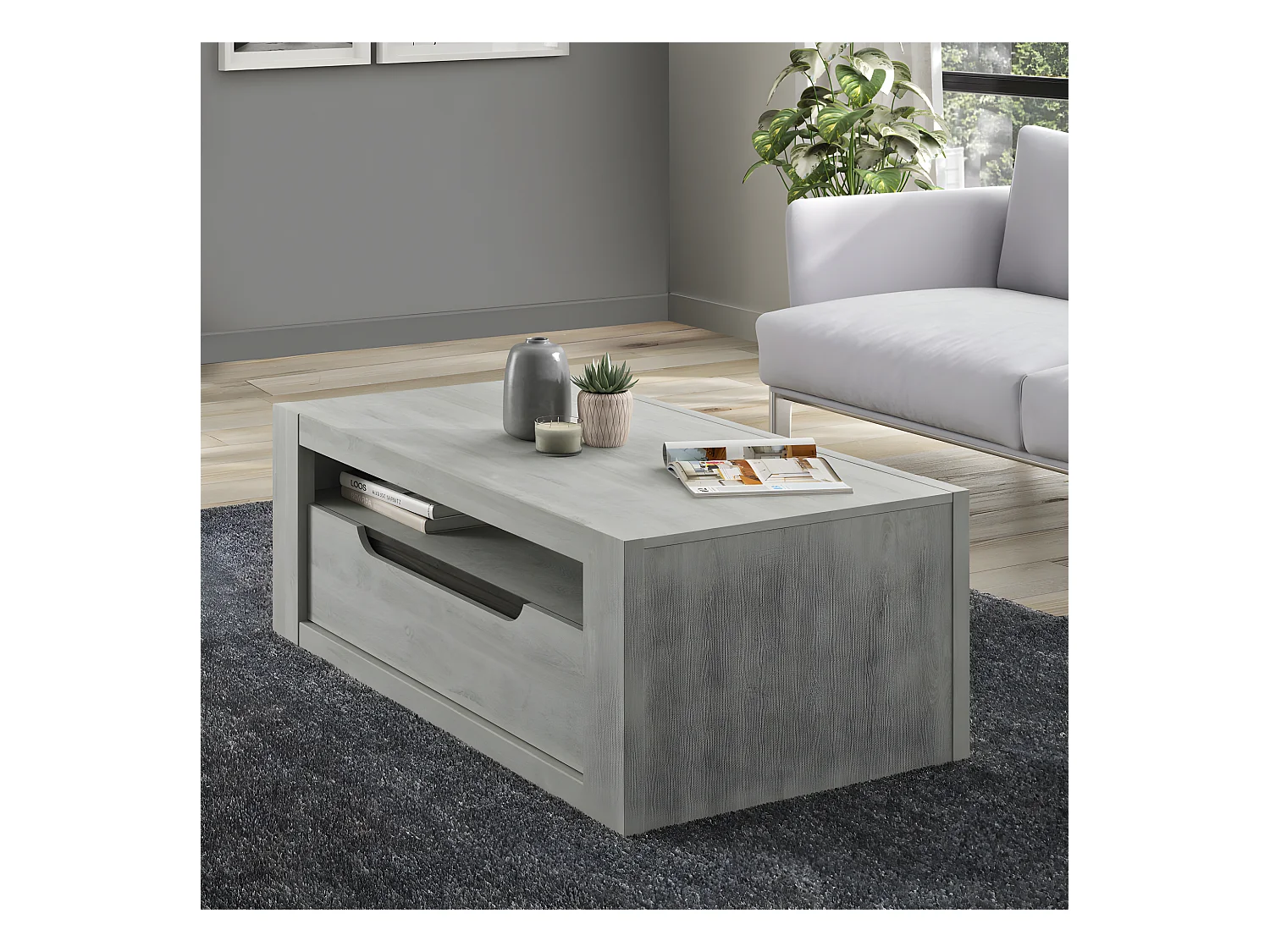 Table basse 1 tiroir 1 niche Chêne Gris Clair - JEANNETTE