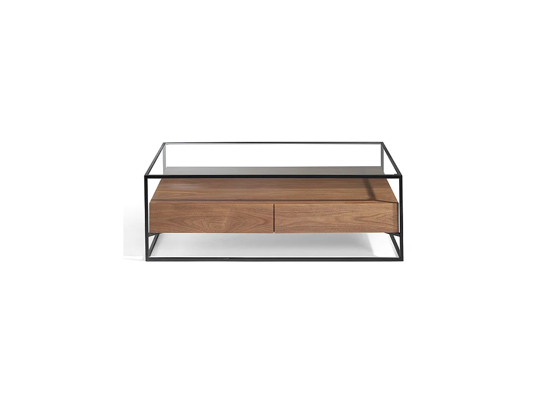 Table basse 2 tiroirs Verre/Métal/Noyer - LIVER