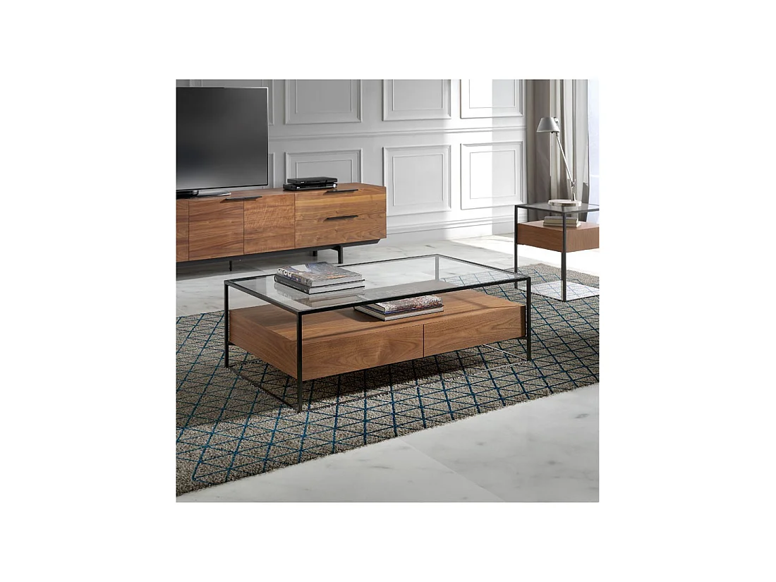 Table basse 2 tiroirs Verre/Métal/Noyer - LIVER