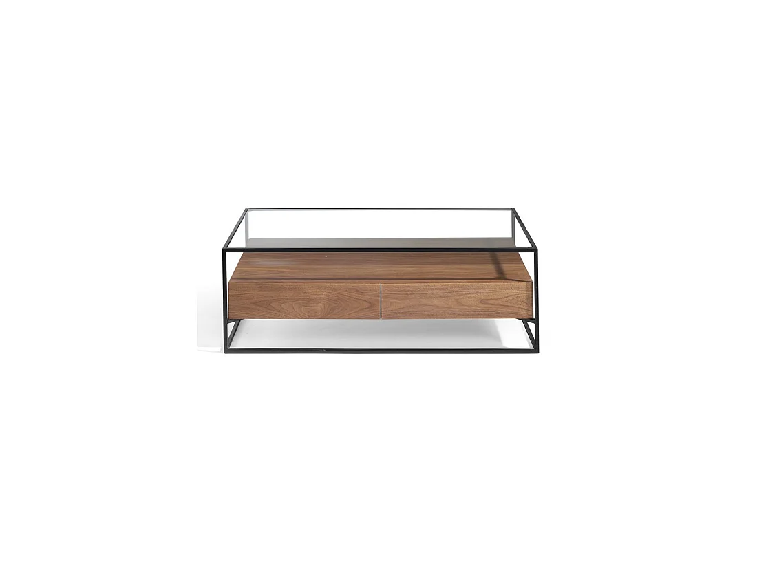Table basse 2 tiroirs Verre/Métal/Noyer - LIVER