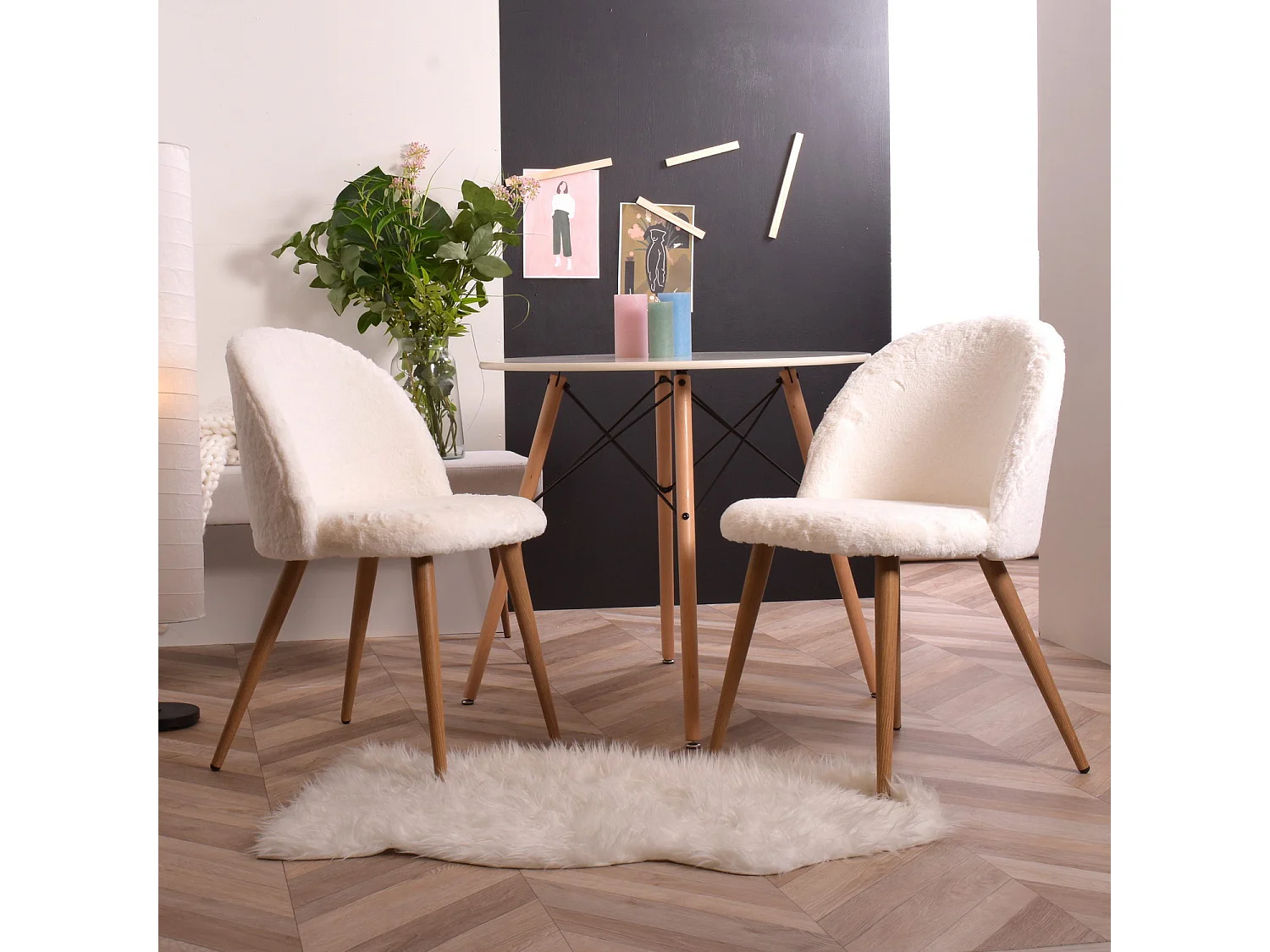 Lot de 2 chaises de salle à manger scandinaves en fourrure blanc ZOMBA RH KD YMSX