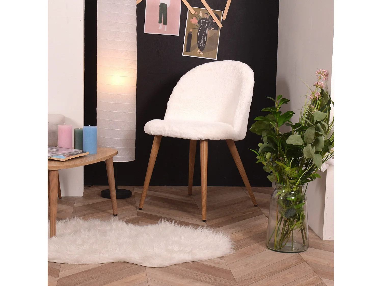 Lot de 2 chaises de salle à manger scandinaves en fourrure blanc ZOMBA RH KD YMSX