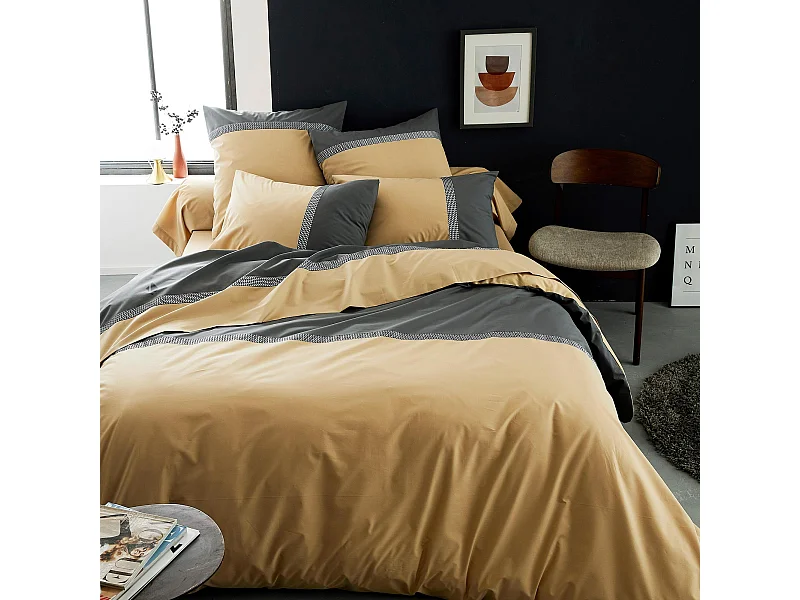 Parure de lit 300x240 cm percale coton MACASSAR Moka 3 pièces