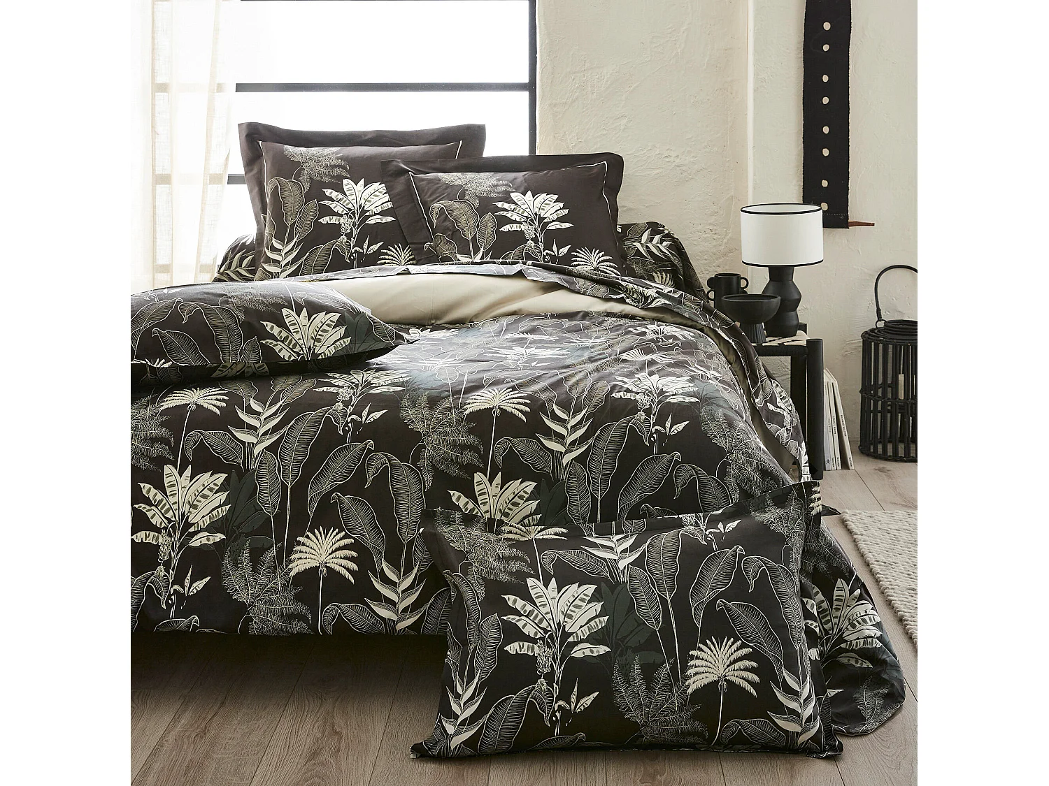 Parure de lit 200x200 cm satin de coton CAYENNE noir Ebène 3 pièces