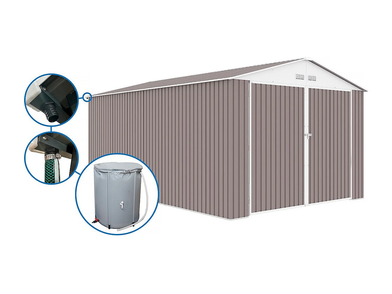 Garage métal "Nevada" - 15,36m² avec gouttière et récupérateur d'eau