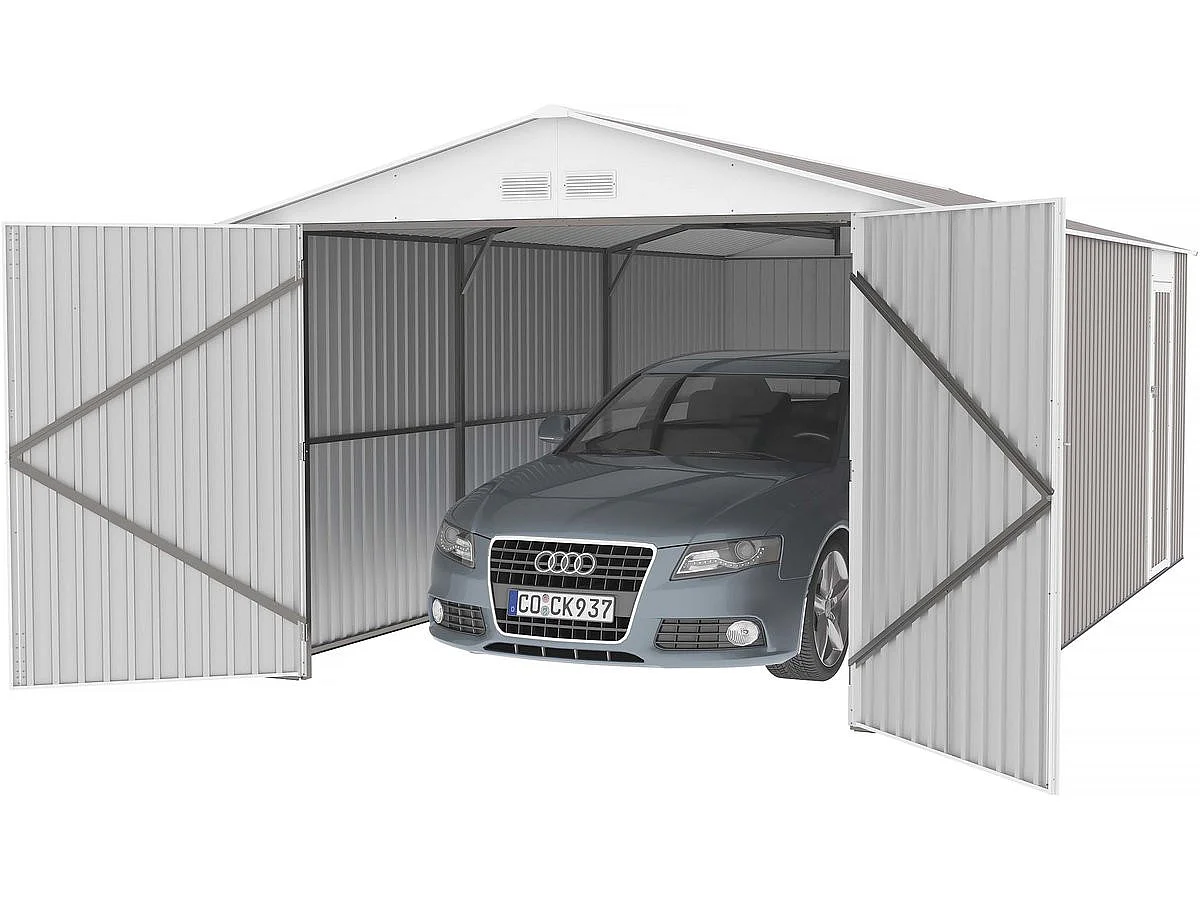 Garage métal "Nevada" - 15,36m² avec gouttière et récupérateur d'eau