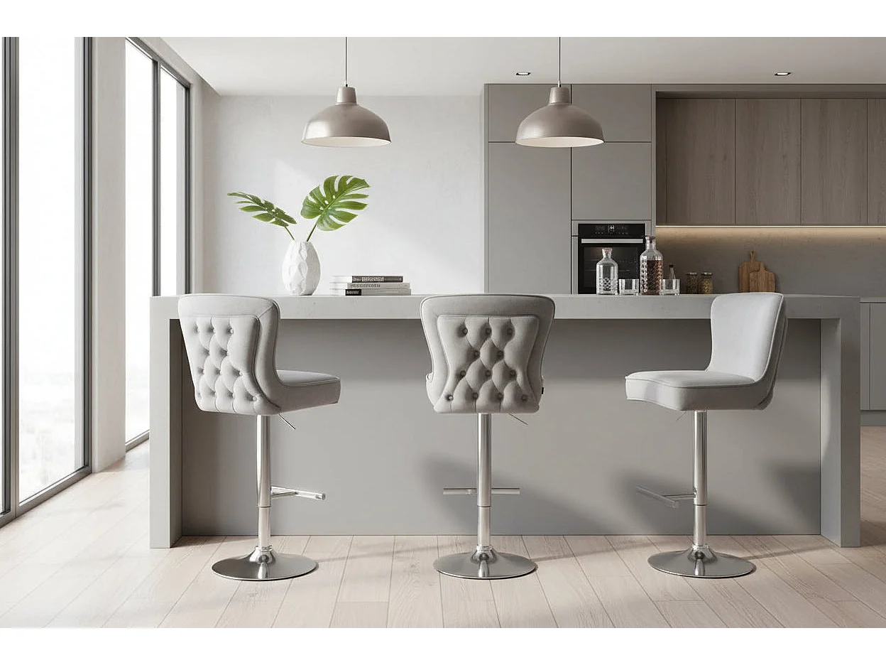 Lot 2 Tabourets de Bar Gabrielle Velours Gris Pieds Chrome Hauteur Assise 65cm