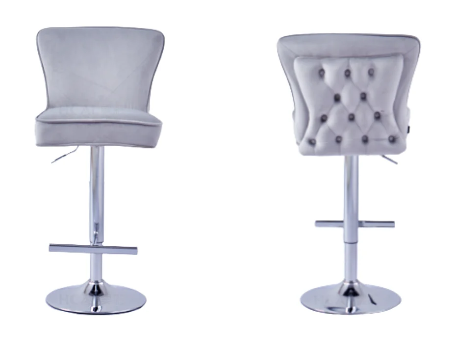 Lot 2 Tabourets de Bar Gabrielle Velours Gris Pieds Chrome Hauteur Assise 65cm