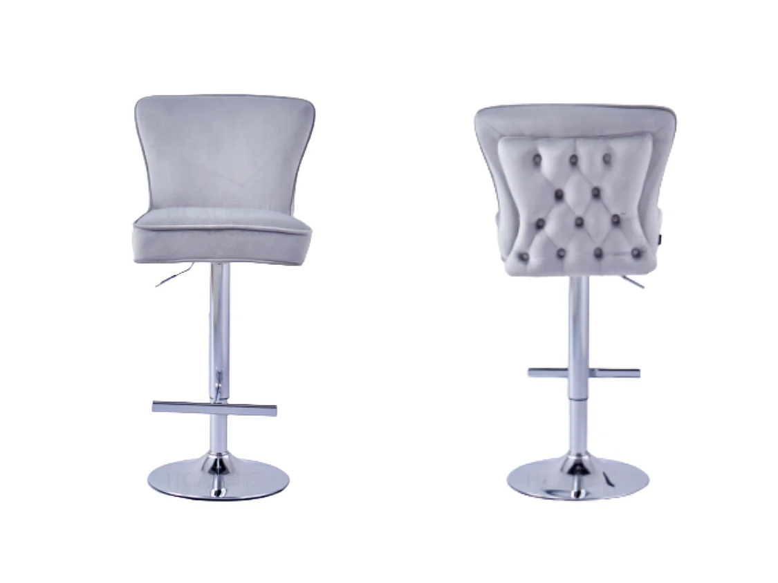Lot 2 Tabourets de Bar Gabrielle Velours Gris Pieds Chrome Hauteur Assise 65cm