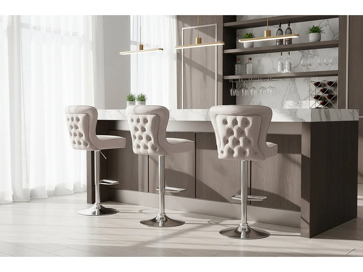 Lot 2 Tabourets de Bar Gabrielle Velours Beige Pieds Chrome Hauteur Assise 65cm