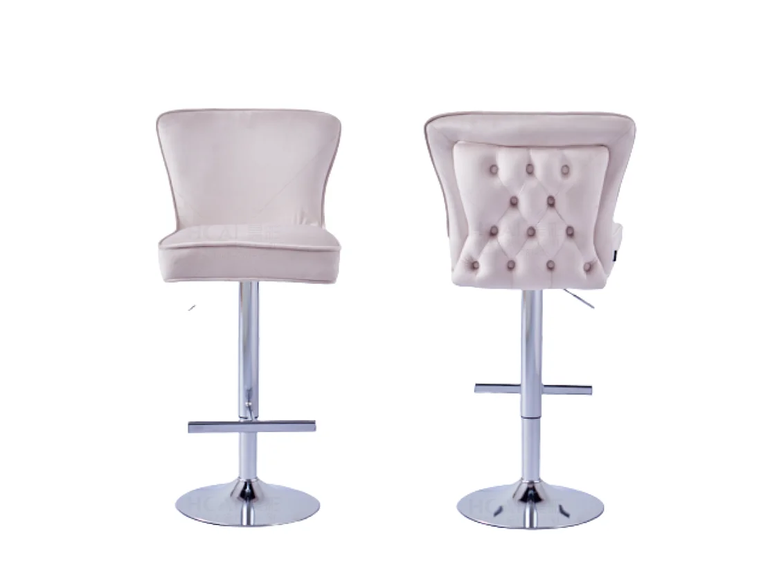Lot 2 Tabourets de Bar Gabrielle Velours Beige Pieds Chrome Hauteur Assise 65cm
