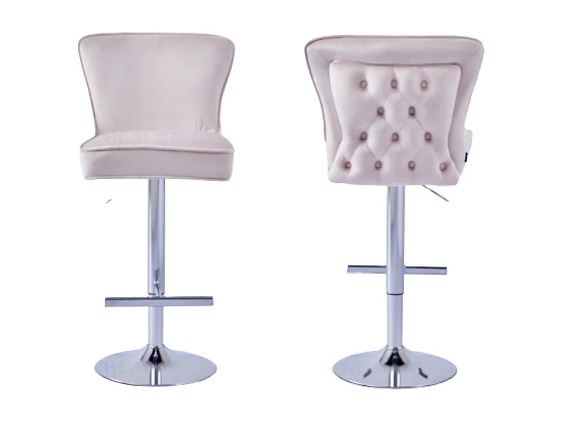Lot 2 Tabourets de Bar Gabrielle Velours Beige Pieds Chrome Hauteur Assise 65cm