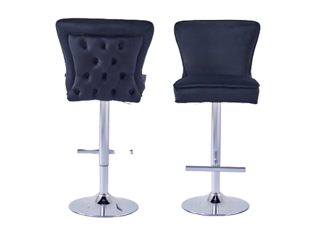 Lot 2 Tabourets de Bar Gabrielle Velours Noir Pieds Chrome Hauteur Assise 65cm