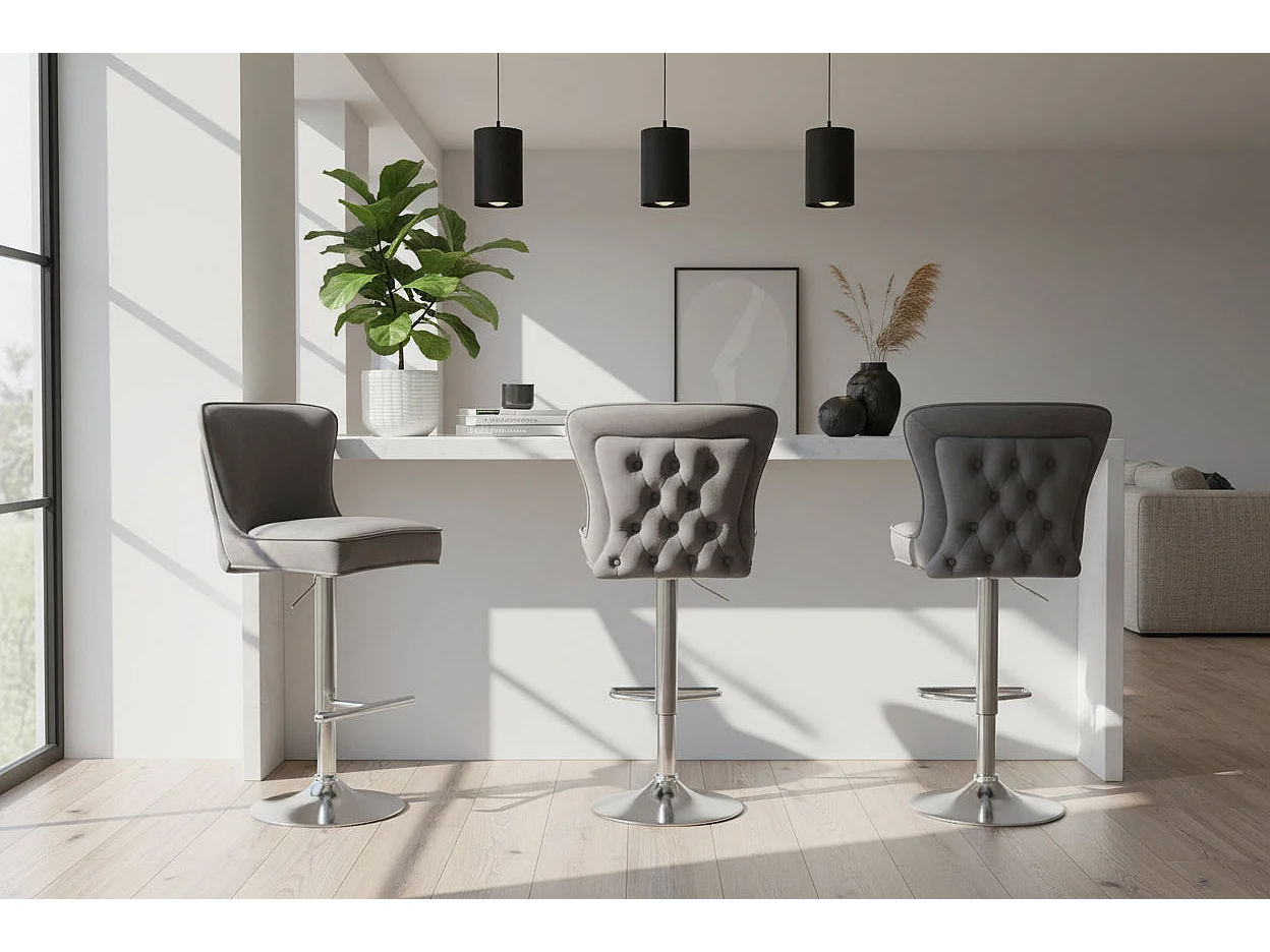 Lot 2 Tabourets de Bar Gabrielle Velours Anthracite Pieds Chrome Hauteur Assise 65cm