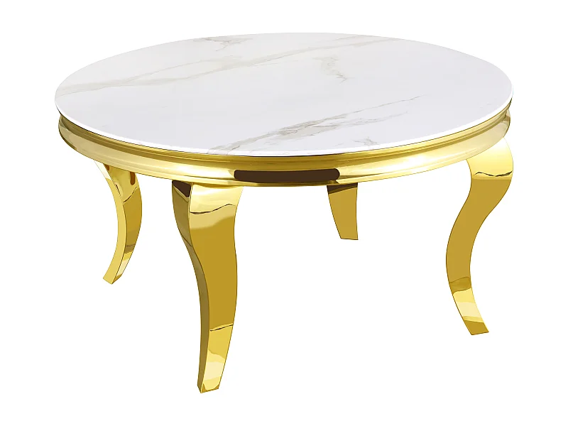 Table basse ronde baroque Gold et plateau en verre MARBRE BLANC de 80 cm