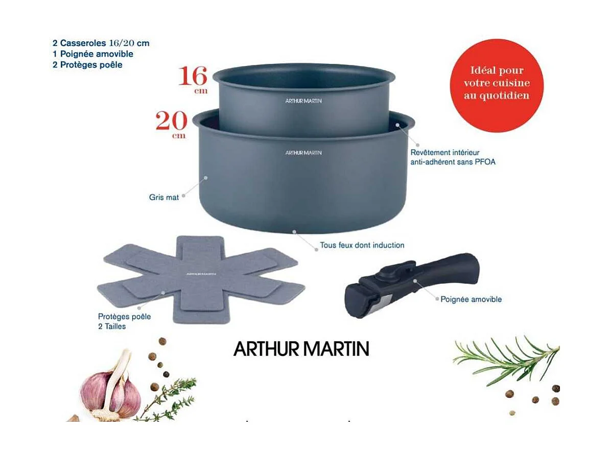 Set 2 Antihaft-Kochtöpfe Arthur Martin AM2984 Ø16-20 cm, abnehmbarer Griff, für alle Herdarten inklusive Induktion, mattgrau