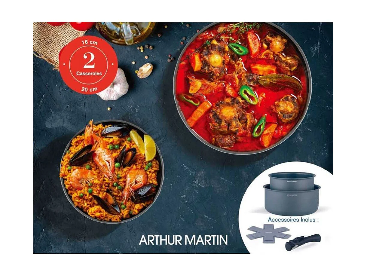 Set 2 Antihaft-Kochtöpfe Arthur Martin AM2984 Ø16-20 cm, abnehmbarer Griff, für alle Herdarten inklusive Induktion, mattgrau