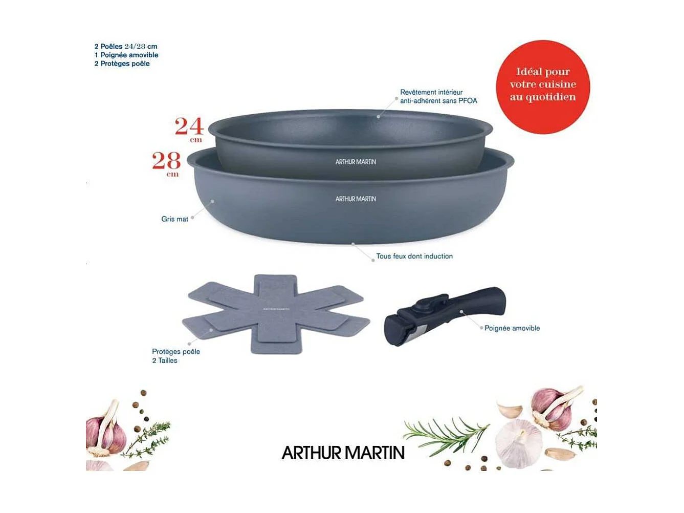 Set de 2 poeles - Tous feux dont induction - ARTHUR MARTIN - AM2977 - Anti-adhésif - Ø 24-28 cm + Poignée amovible - Gris mat