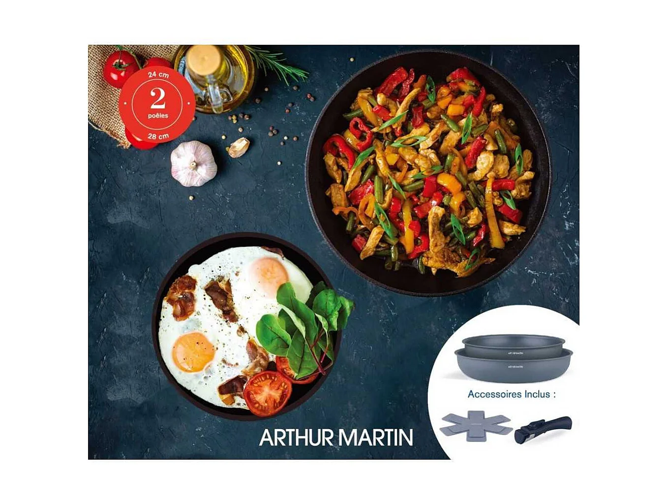 Set de 2 poeles - Tous feux dont induction - ARTHUR MARTIN - AM2977 - Anti-adhésif - Ø 24-28 cm + Poignée amovible - Gris mat