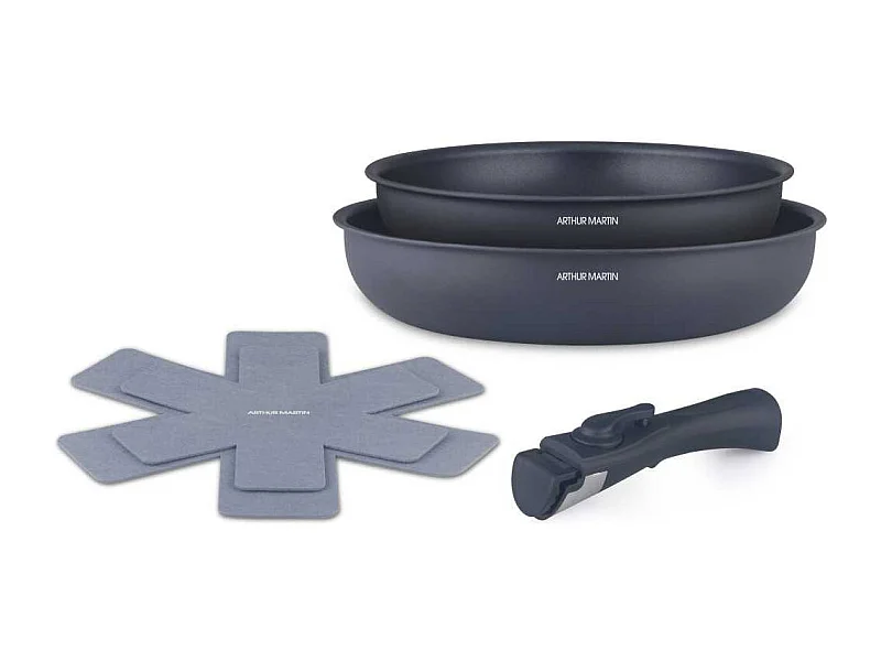 Set de 2 poeles - Tous feux dont induction - ARTHUR MARTIN - AM2977 - Anti-adhésif - Ø 24-28 cm + Poignée amovible - Gris mat