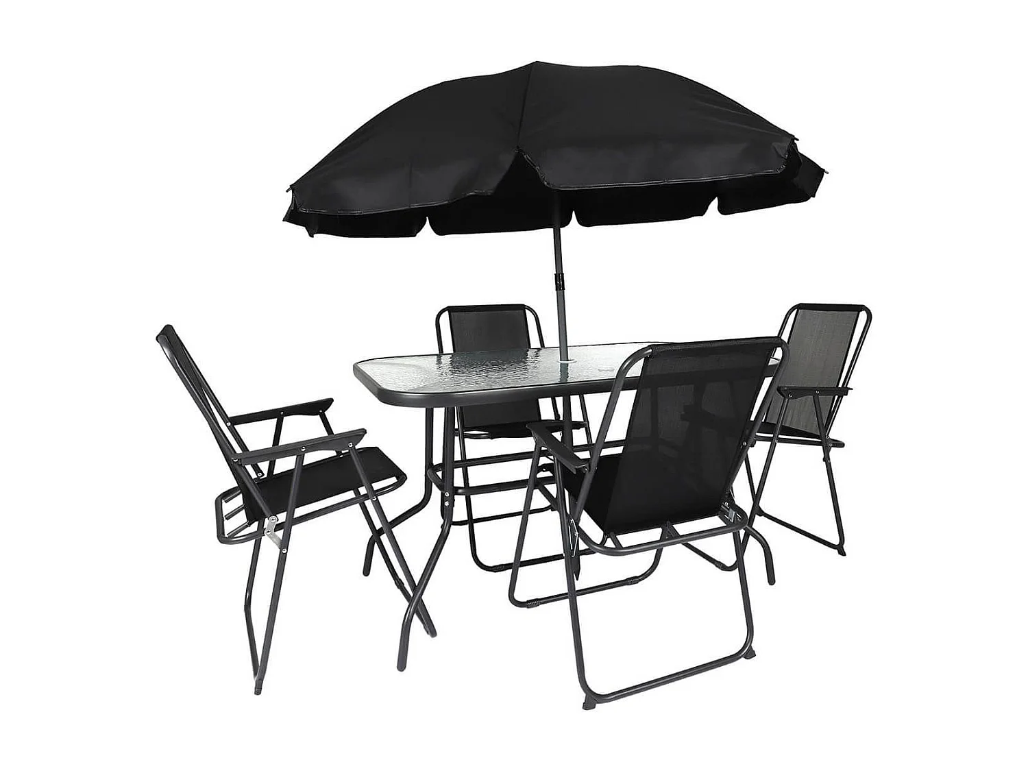 GARDEL - Salon de Jardin Noir Table Métal et Verre trempé et 4 Fauteuils en Toile