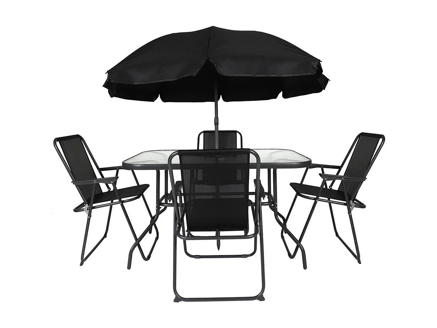 GARDEL - Salon de Jardin Noir Table Métal et Verre trempé et 4 Fauteuils en Toile