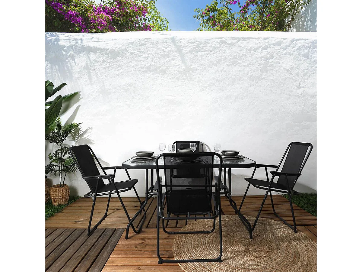 GARDEL - Salon de Jardin Noir Table Métal et Verre trempé et 4 Fauteuils en Toile