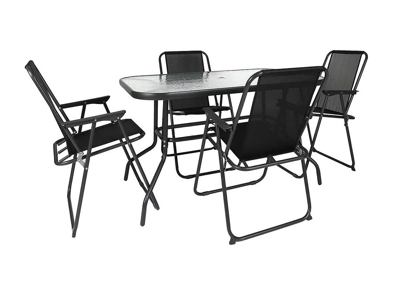 GARDEL - Salon de Jardin Noir Table Métal et Verre trempé et 4 Fauteuils en Toile