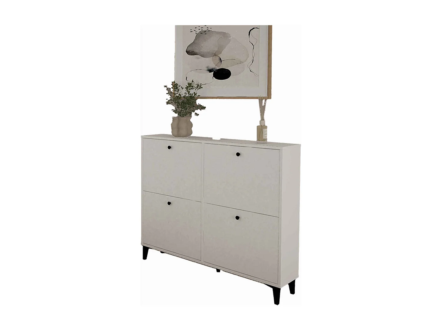 Meuble à chaussures sur pieds de 4 portes coloris Blanc - Hauteur 97 x Longueur 116 x Profondeur 24 cm