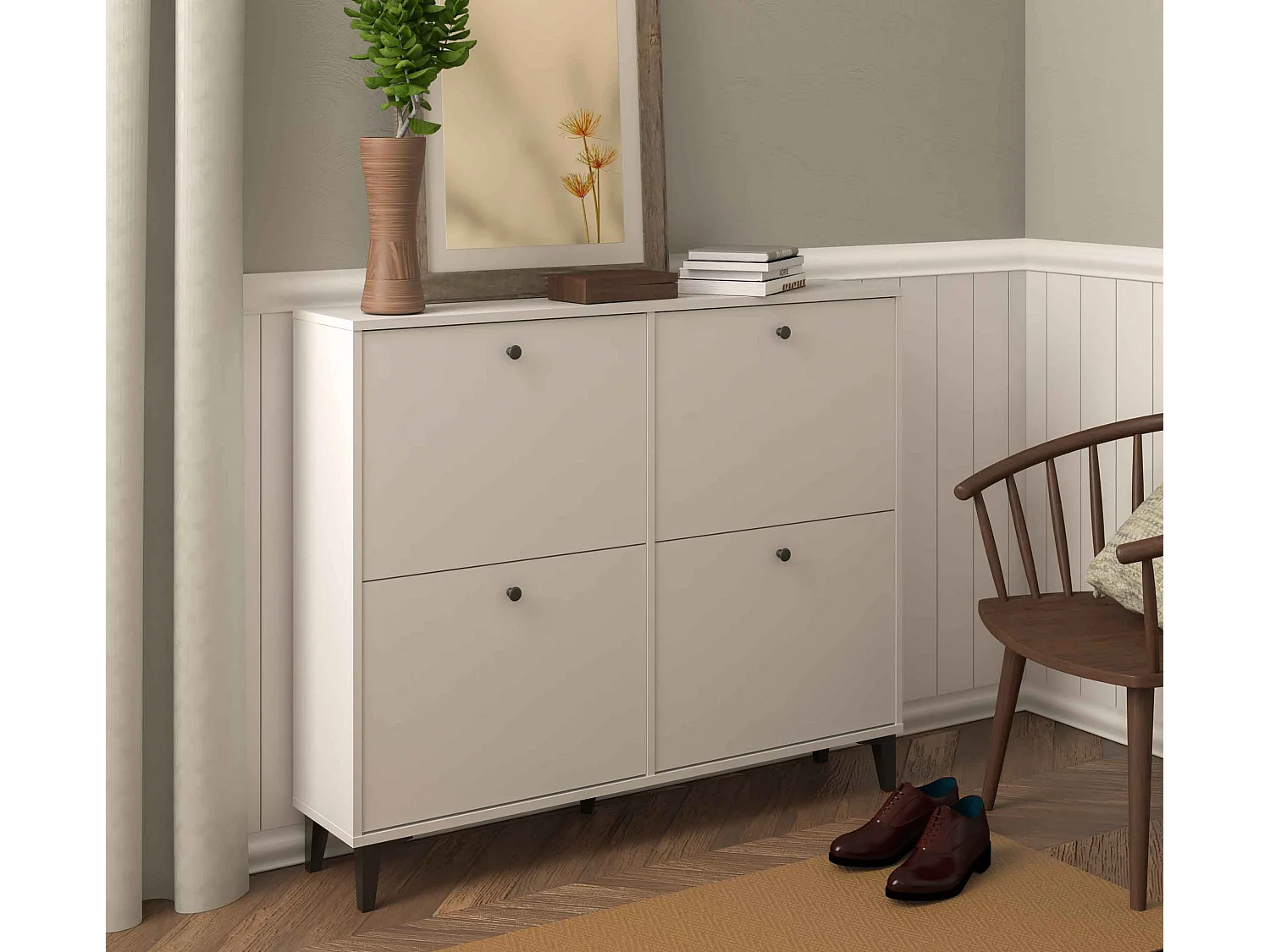 Meuble à chaussures sur pieds de 4 portes coloris Blanc - Hauteur 97 x Longueur 116 x Profondeur 24 cm