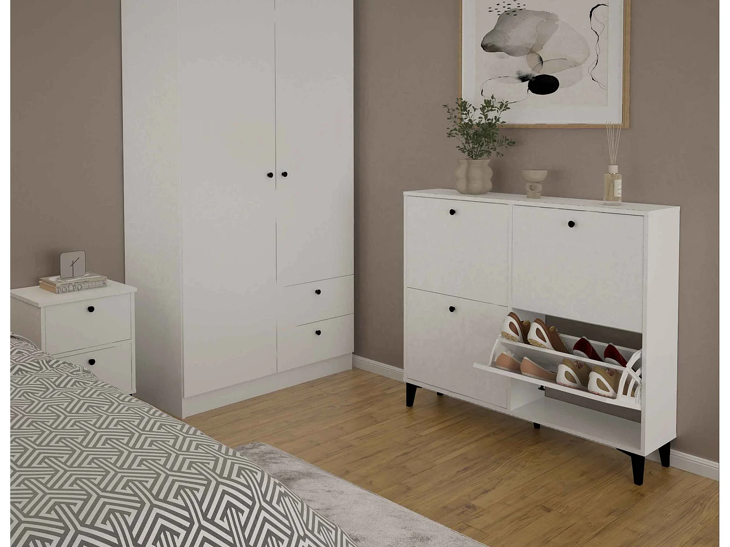 Meuble à chaussures sur pieds de 4 portes coloris Blanc - Hauteur 97 x Longueur 116 x Profondeur 24 cm