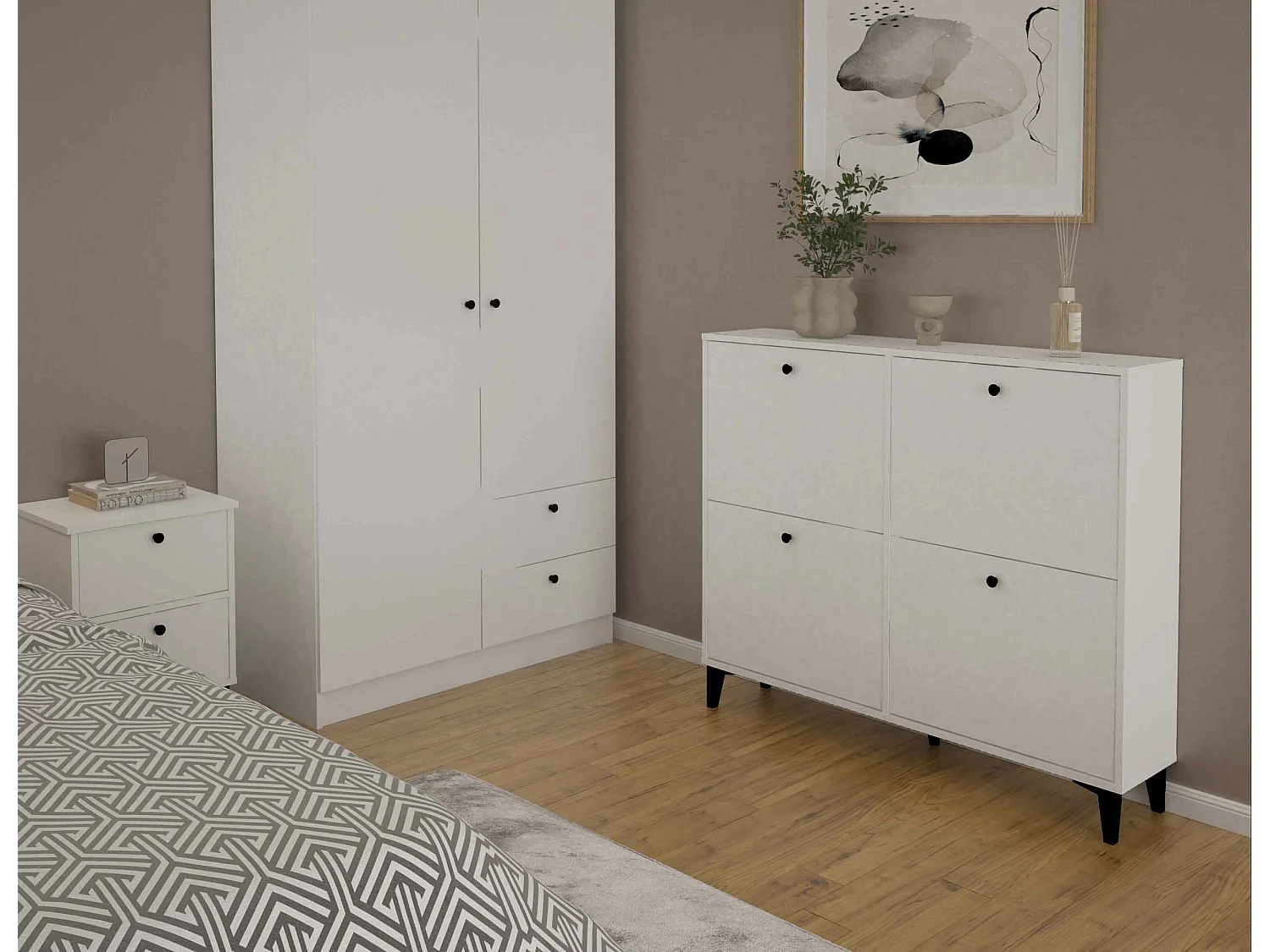 Meuble à chaussures sur pieds de 4 portes coloris Blanc - Hauteur 97 x Longueur 116 x Profondeur 24 cm