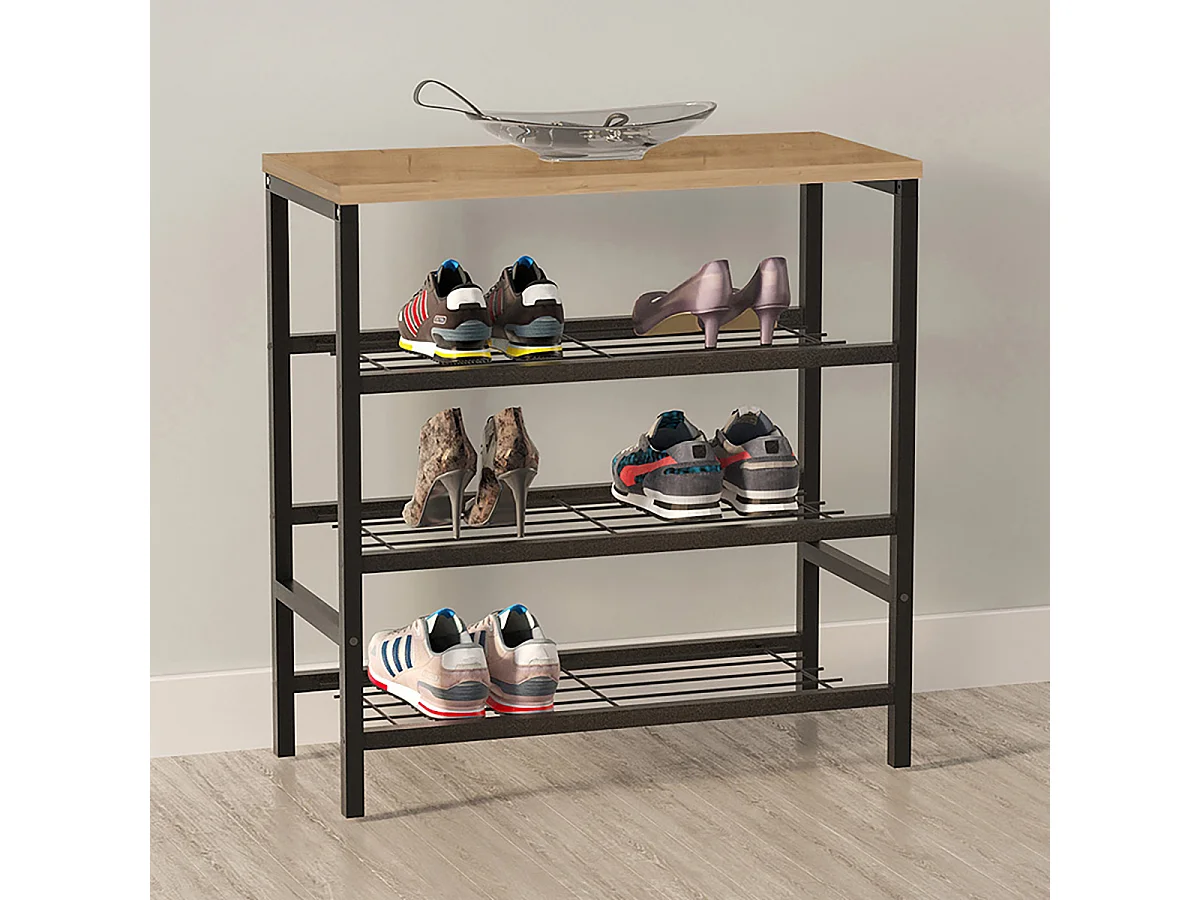 Étagère Meuble à chaussures à 3 niveaux de rangement cadre en acier noir - Longueur 65 x Hauteur 67 x Profondeur 30 cm