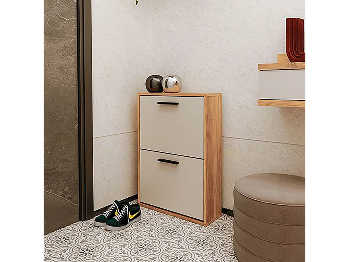 Meuble à chaussures à 2 portes coloris Beige/chêne Mauvella - Longueur 54 x Hauteur 73 x Profondeur 18 cm