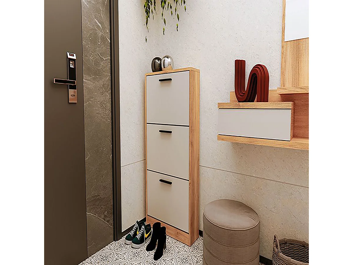 Meuble à chaussures à 3 portes coloris Beige/chêne Mauvella - Longueur 60 x Hauteur 107,7 x Profondeur 17 cm