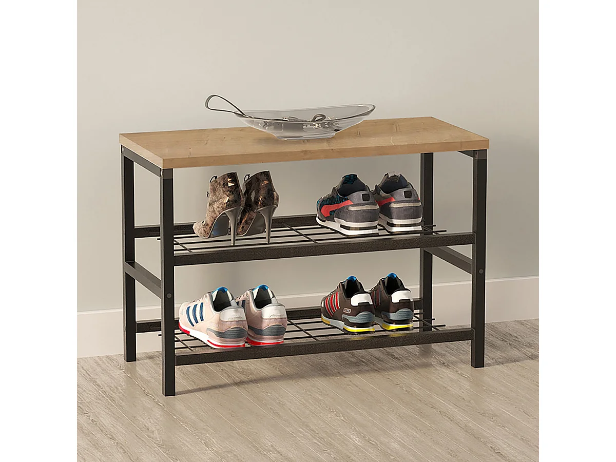 Banc Étagère Meuble à chaussures à 2 niveaux de rangement cadre en acier noir - Longueur 65 x Hauteur 45 x Profondeur 30 cm