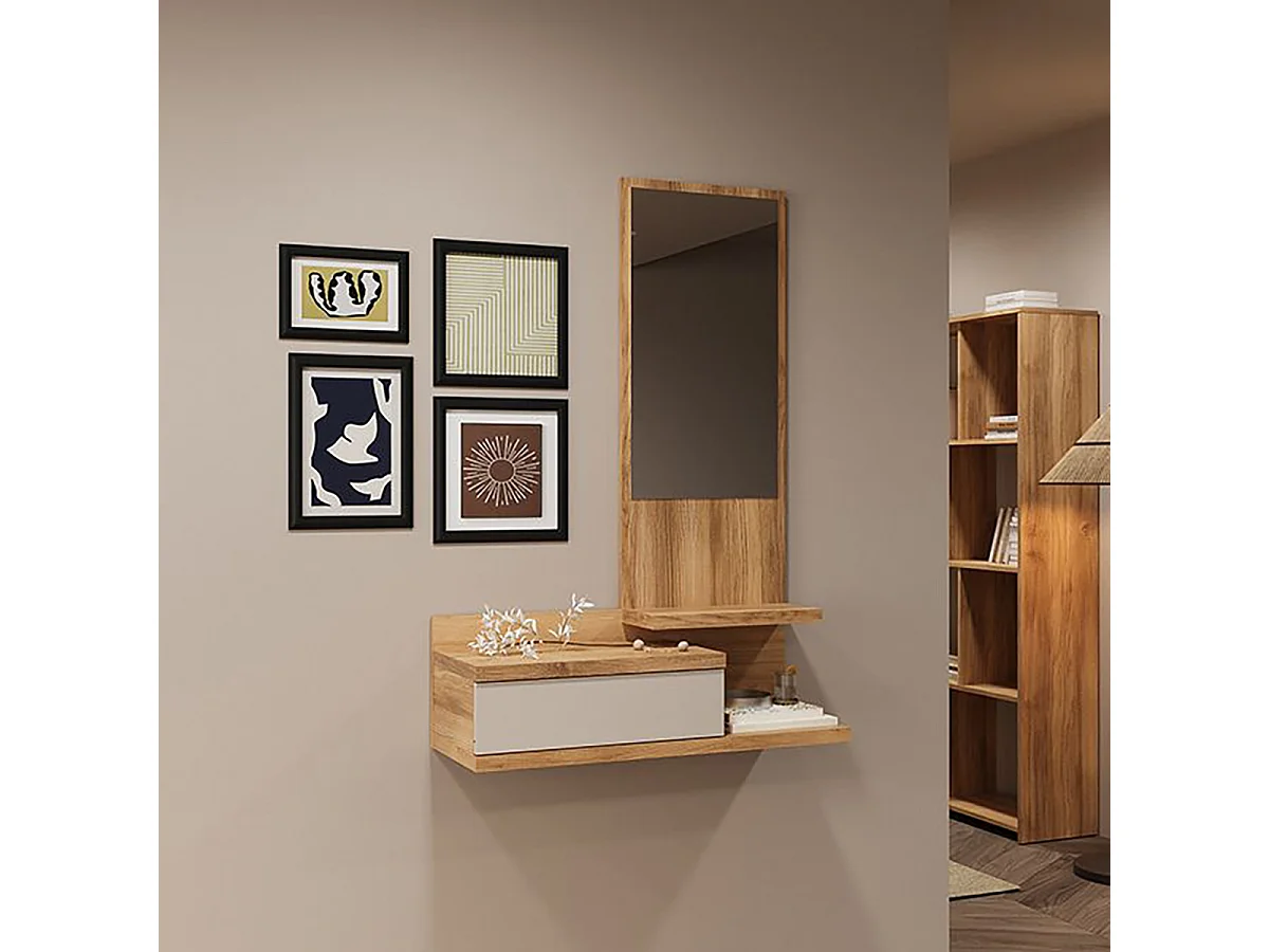 Console meuble d'entrée avec 1 tiroir et miroir coloris Beige/chêne Mauvella - Longueur 81 x Hauteur 116 x Profondeur 27,4 cm