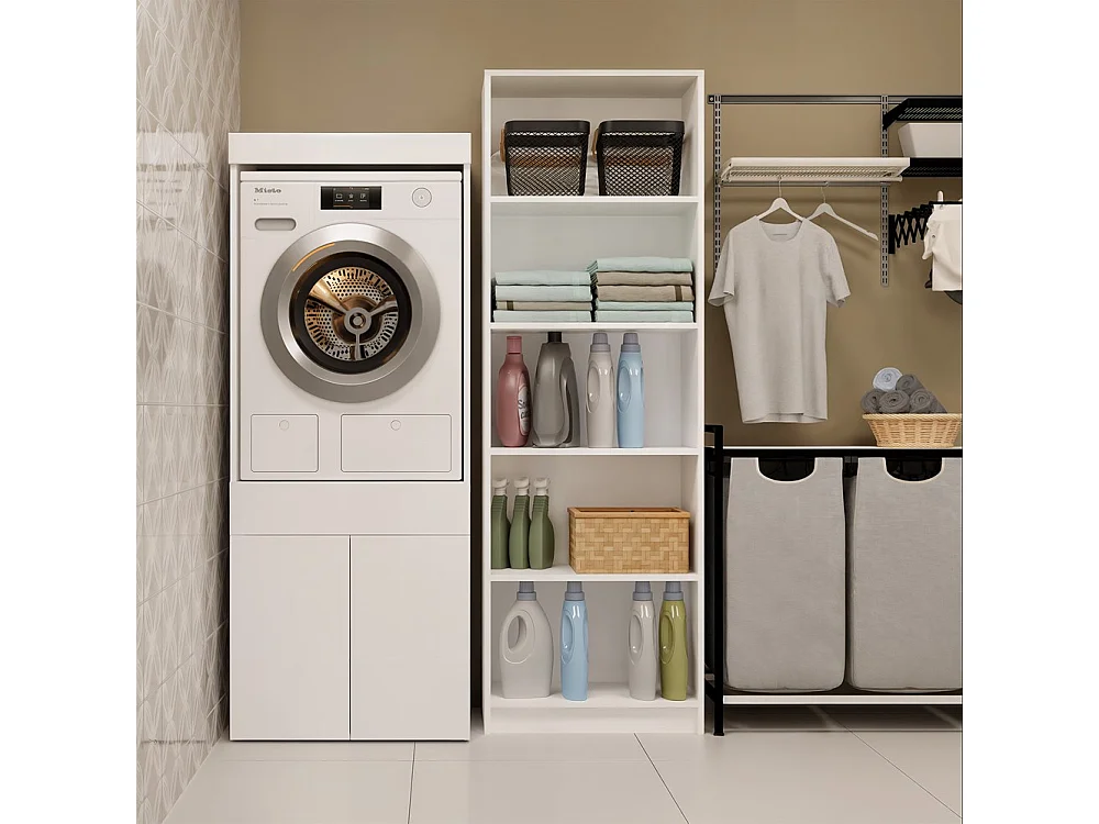 POLA NP 1D - Mobile da bagno per lavatrice con cassetto e mobiletto - 64x64x162 cm - Bianco