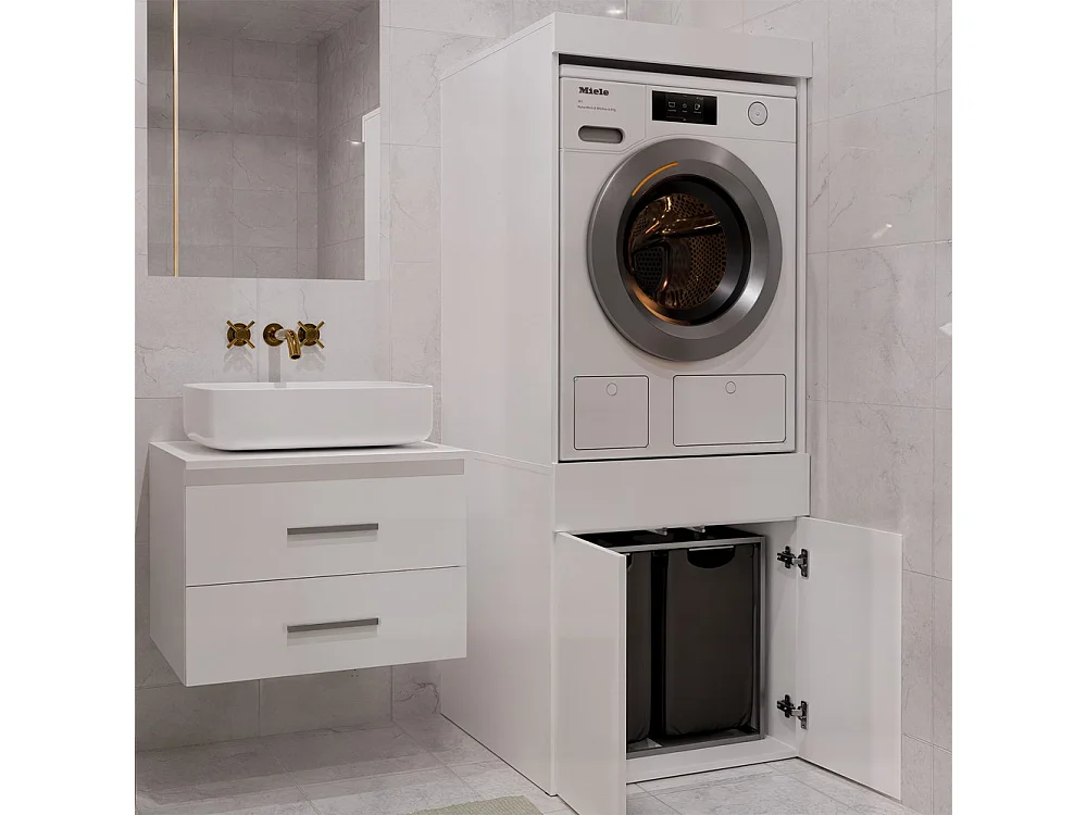 POLA NP 1D - Mobile da bagno per lavatrice con cassetto e mobiletto - 64x64x162 cm - Bianco