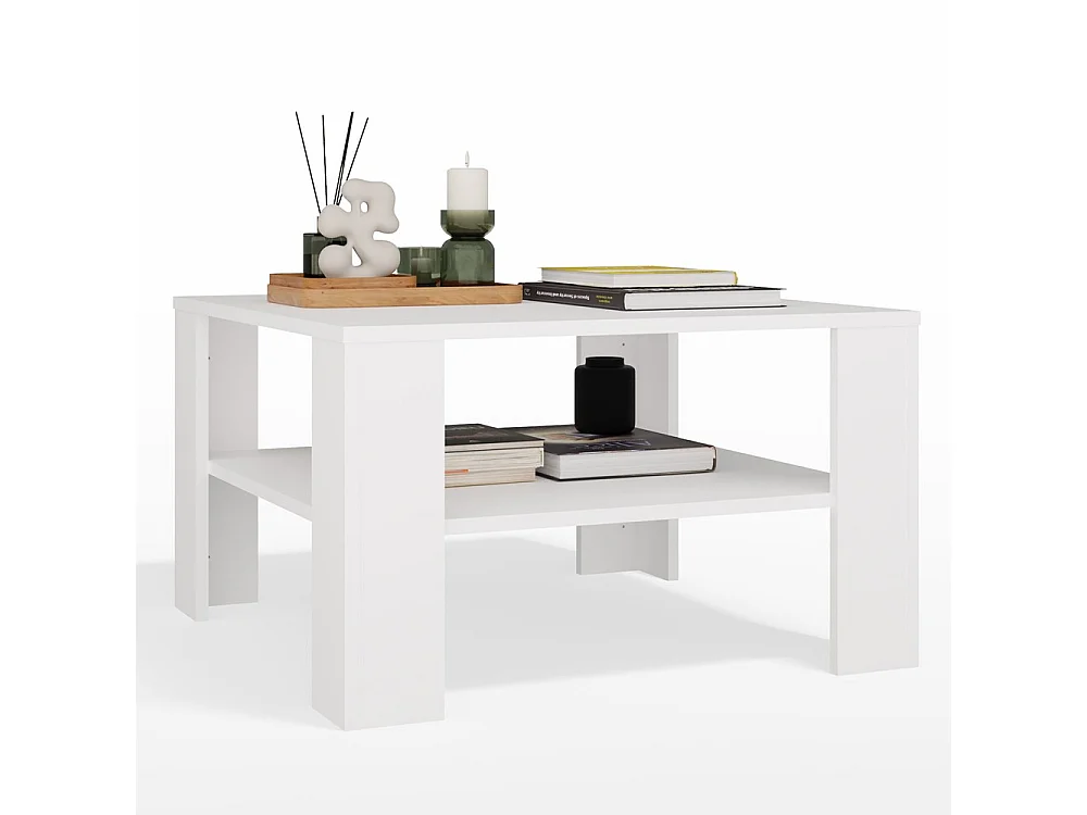 SQUARE - Tavolino da caffè con ripiano sotto il piano - Panca per soggiorno - 68x68x40 cm - BIANCO