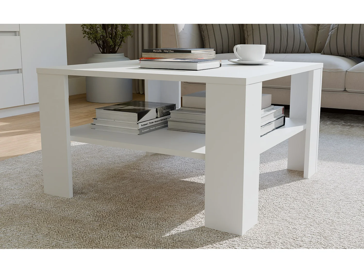 SQUARE - Tavolino da caffè con ripiano sotto il piano - Panca per soggiorno - 68x68x40 cm - BIANCO