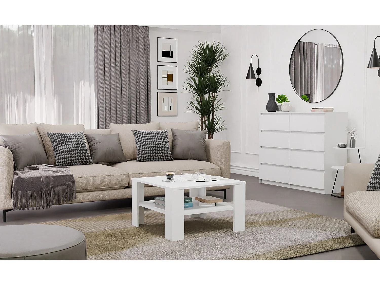 SQUARE - Tavolino da caffè con ripiano sotto il piano - Panca per soggiorno - 68x68x40 cm - BIANCO