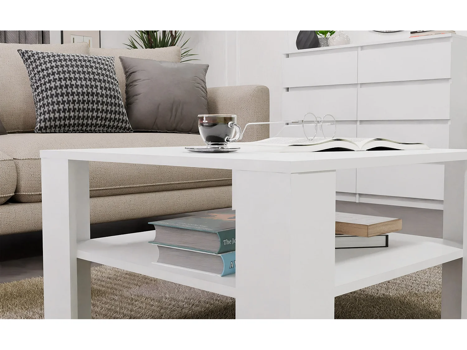 SQUARE - Tavolino da caffè con ripiano sotto il piano - Panca per soggiorno - 68x68x40 cm - BIANCO