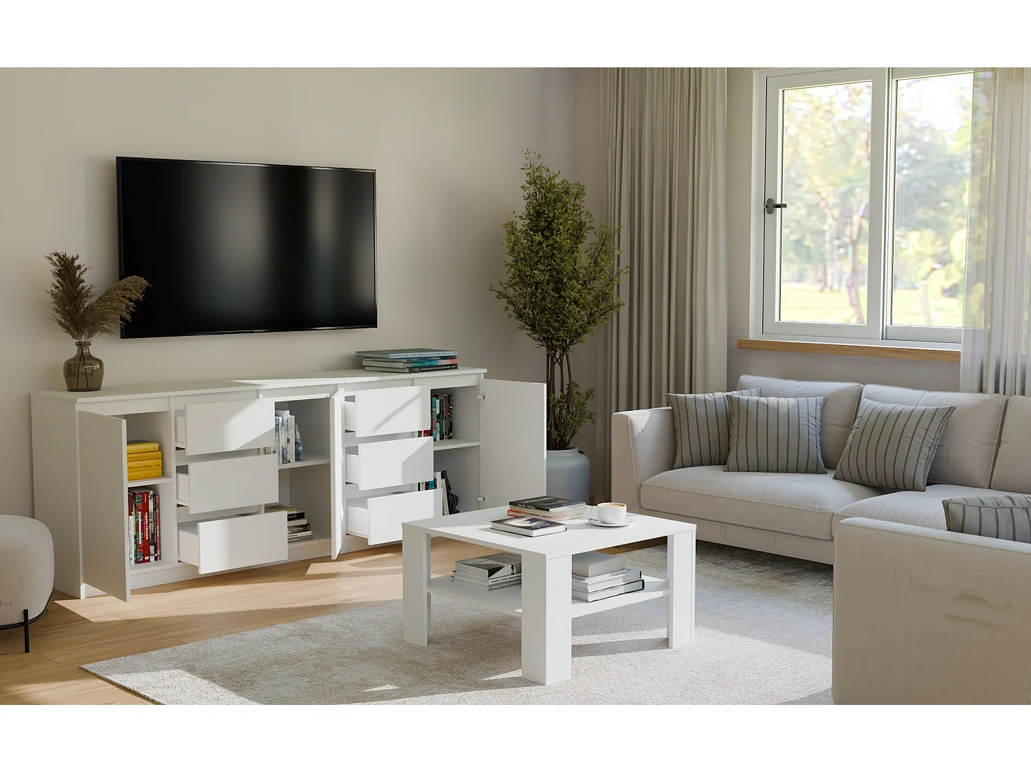 SQUARE - Tavolino da caffè con ripiano sotto il piano - Panca per soggiorno - 68x68x40 cm - BIANCO