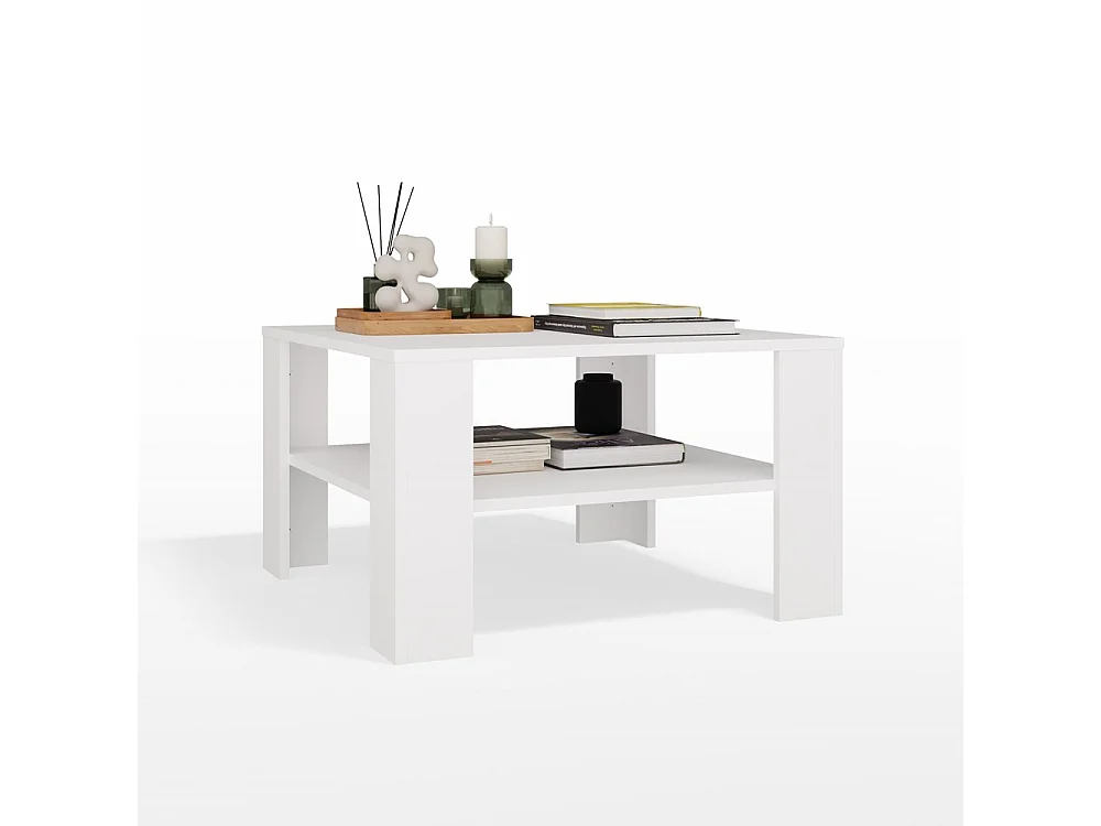 SQUARE - Tavolino da caffè con ripiano sotto il piano - Panca per soggiorno - 68x68x40 cm - BIANCO